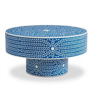 Table basse artisanale en os incrusté de motifs floraux avec 2 tiroirs, style marocain bleu et blanc, table centrale sur mesure pour usage domestique, vente en gros - Product Image 5