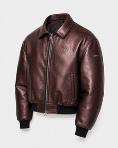 Blouson bomber en cuir véritable bordeaux pour homme avec logo embossé, col rabattu, fermeture éclair, vêtement décontracté pour l'automne - Product Image 3