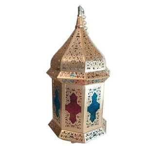 Premium Hexagonal <b>Gold</b> Metal <b>Lantern</b> With Embossed Glass Panels And Hanging Candle Holder For Festive Lighting - Product Image 5