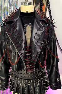 Winter <b>Gothic</b> Punk Studded Cowhide Leather Motorcycle <b>Jacket</b> with Custom Logos Front Design Waterproof Zipper Closure - Product Image 3