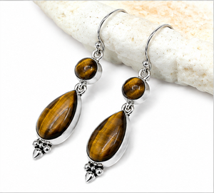 Natural Tiger Eye 925 Sterling <b>Silver</b> <b>Dangle</b> <b>Earrings</b>, Handmade Teardrop Tiger's Eye Gemstone <b>Earrings</b>, Brown Gemstone Jewelry, - Product Image 1
