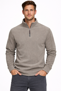 Sweat-shirt à col zippé pour homme, couleur taupe, en mélange de coton brossé doux, manches longues, col montant, décontracté, avec fermeture éclair sur le devant - Product Image 1