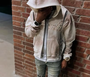 Sweat à capuche streetwear pour homme de haute qualité, personnalisé, délavé, effet soleil, avec fermeture éclair, broderie 3D en strass, coupe oversize, 100% coton, automne - Product Image 3