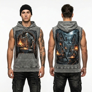 Haut de sport sans manches à capuche pour homme, gris délavé, motif Viking Blacksmith, style streetwear, effet usé, débardeur de gym - Product Image 1