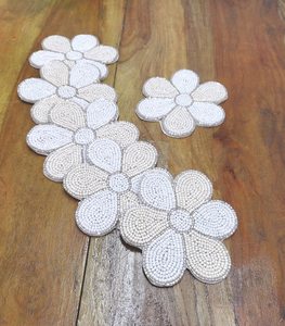 White Flower Beaded Coasters Set Of 6 Classic Fabric Reusable Wedding Table Mats Decoration - Product Image 3