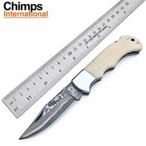 Cuchillo de Caza Plegable de Acero de Damasco Chimps International, Hoja de Punta Caída con Incrustaciones de Cobre, EDC de 7 Pulgadas, Hueso de Camello - Product Image 2