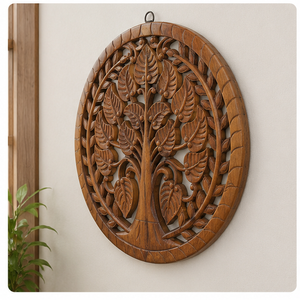 Handmade Wooden <b>Wall</b> Art Tree Foliage Design Circular Rustic Home Decoration Large Brown <b>Frame</b> - Product Image 2
