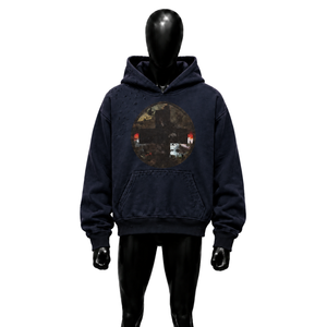 Nouveau sweat à capuche bleu marine délavé respirant, coupe décontractée, imprimé motif croisé, pour l'automne, style décontracté, mode quotidienne, tendance premium - Product Image 1