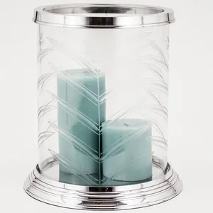 Porte-bougie en verre cylindrique avec base en acier inoxydable, motif de feuilles en relief, résistant à la chaleur, décoration d'intérieur - Product Image 1