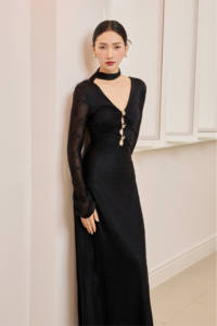 Vietnam KD75 Maxi Stretch butterfly-pattern lace DARK DAHILA - Lace Floral Knit Dress with Button-Front and Butterfly Dress - Product Image 5