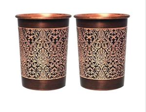 Copper Double Wall Tumbler Set of 2 with Handle and Straw Etching Pattern Unique <b>Ring</b> Design Eco-Friendly Gifting Option - Product Image 4