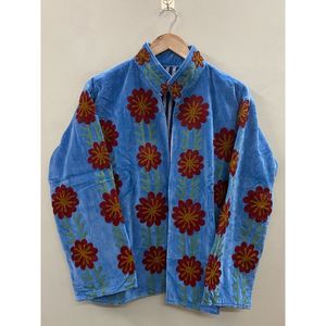 Veste en velours de coton tricoté brodée à la main pour femme, col mandarin, manches longues, motif floral d'automne, manteau ouvert sur le devant - Product Image 6