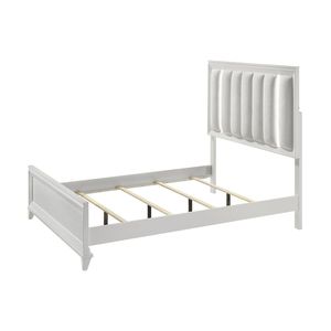 Letto Matrimoniale Queen Size in Legno Massello con Testiera Imbottita e Luci LED, Finitura Bianca, Arredamento in Legno - Product Image 2