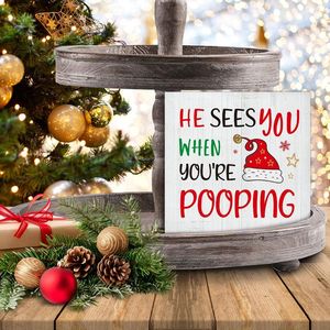 Funny Christmas Wooden <b>Wall</b> Sign Home <b>Decor</b> Bathroom Decorations for Christmas He Sees You You're Pooping Bathrm - Product Image 2