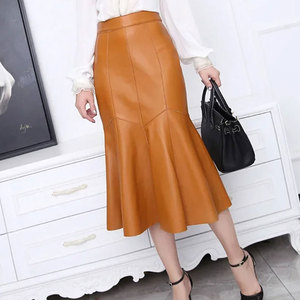 Jupe midi sirène en cuir pour femme, couleur unie, taille haute, design trompette brillant, à porter toute l'année - Product Image 3