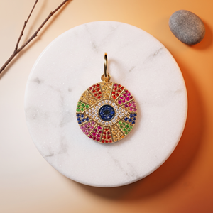 <b>Rainbow</b> Evil Eye Pendant Necklace Rhodium Plated Brass Alloy Pave Setting <b>Lab</b> Created Cubic Zirconia Minimalist Unisex Jewelry - Product Image 4