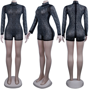 Mono de mujer negro con pedrería geométrica, manga larga, cuello alto, cintura alta, transparente, de spandex, sexy, ajustado para discoteca - Product Image 5