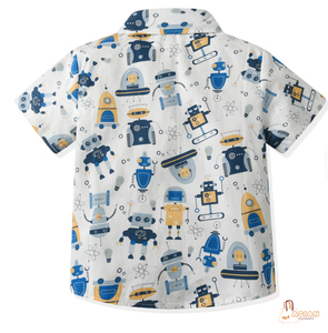 เสื้อเชิ้ตแขนสั้นเด็กชายพิมพ์ลายการ์ตูนหุ่นยนต์ เสื้อทอแบบลำลอง ทรงปกติ คอปกเสื้อ ดีไซน์กระดุมเดี่ยว - Product Image 2