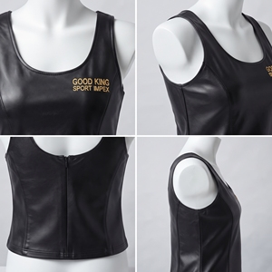 Top Clásico Negro de Cuero Genuino para Mujer, Cuello Redondo, Sin Mangas, con Paneles, Cintura Contorneada, Logotipo Bordado en el Pecho, Tops OEM - Product Image 5