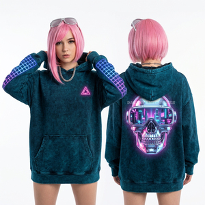 เสื้อฮู้ดดี้ผ้าฝ้ายพรีเมียม 400GSM สำหรับผู้หญิง สีน้ำเงิน แต่งผ้าเดนิมลายกราฟิกหัวกะโหลก ปักลายซาชิโกที่แขนเสื้อ สไตล์สตรีทแวร์ - Product Image 4