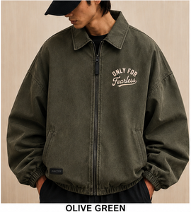 Men's Olive Green Bomber <b>Jacket</b> Turn-down Collar Zipper Front Embroidery Casual Loose Fit Autumn Style - Product Image 1