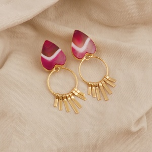 Pendientes de Botón con Forma de Corazón de Ágata Rosa Hechos a Mano, Patrones de Piedras Naturales en Capas, Chapado en Oro Grueso, Estilo Bohemio para Mujer - Product Image 4