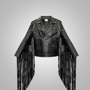 Chaqueta de Motociclista de Cuero Vacuno Genuino Negro Premium para Hombre, con Flecos y Botones Trenzados, Estilo Biker, Personalización Disponible - Product Image 1