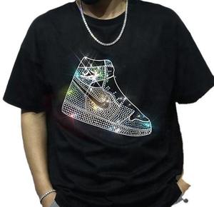 T-shirt à manches courtes pour homme, 180 grammes, col rond, tissu tricoté, logo personnalisé en strass, style hip-hop, uni - Product Image 2