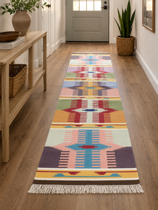 Handmade Boho Kilim Modern Geometric <b>Runner</b> <b>Rug</b> Cotton Flat Weave Reversible Prayer Hallway Entryway Floor Decor - Product Image 1