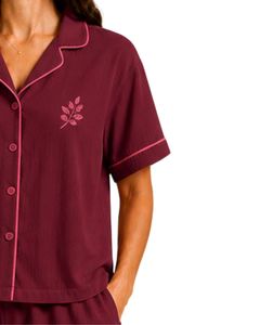 Customized Wine <b>Red</b> Women Pajama Set Short Sleeve Button Down Nightwear Soft Breathable Summer Sleepwear Casual Lounge Set - Product Image 4