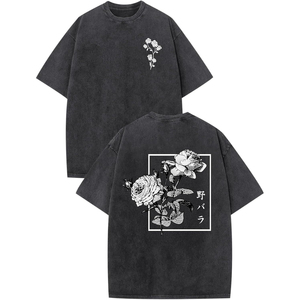 T-shirt noir surdimensionné pour homme avec imprimé rose blanc sur le devant et le dos, design floral, style streetwear, manches courtes, col rond - Product Image 2