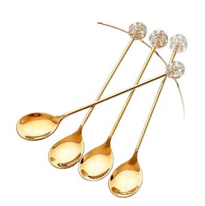 Gold Plated Long Handle Dessert Spoon Set with <b>Crystal</b> Top Decorative Coffee Tea Spoons for Home Party Gift Tableware - Product Image 1