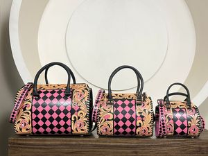Stylish Latest Pattern Handcrafted Cow Leather Speedy <b>Bag</b> for Women Pink Checkered Handbag Crossbody Duffel Perfect for Travel - Product Image 4