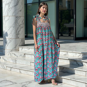 Maxi sans manches prêt pour le week-end pour filles en coton aéré avec bretelles à nouer encolure carrée ethnique floral rouge blanc pops Tie Strap - Product Image 5