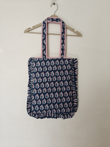 Casual <b>Navy</b> Blue Leaf Print Laptop <b>Bag</b> with Ruffle Edges Shoulder Carry Cotton Quilted Daily Use Portable Design - Product Image 1