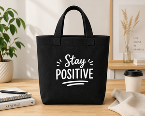 Bolsa de Lona de Algodón Negra AMANI de 10oz, 36x36x12cm, con Estampado 'Stay Positive', Base Reforzada, Asa de 22cm, para Viajes y Compras - Product Image 6