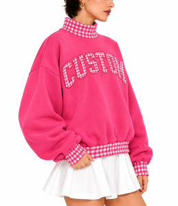 OEM Custom <b>Women</b>’s <b>Christmas</b> Oversized Mock Neck <b>Sweatshirt</b> Gingham Sleeves Letter Applique Embroidery Drop Shoulder Winter - Product Image 3
