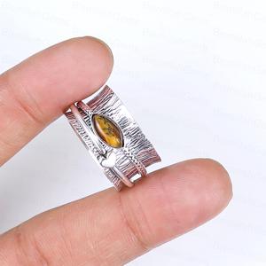 Vintage 925 Sterling <b>Silver</b> Plated Tigers Eye Spinner for Anxiety Relief Boho Marquise Cut Tiger Eye Meditation Handmade <b>Ring</b> - Product Image 3
