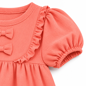 Conjunto de Túnica con Volantes y Lazo Rosa Coral para Niñas, Conjunto Casual de Dos Piezas para Niños, Tela Acanalada Suave, Ropa de Verano al por Mayor - Product Image 3