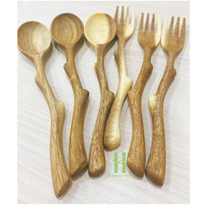 Ensemble cuillère et fourchette en bois naturel fait main, ustensiles de service créatifs en forme de branche pour café, dessert, gâteau et fruits - Product Image 1