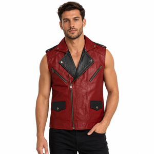 Men's Punk Rock Red PU Leather Vest Slim Fit Motorcycle Biker Sleeveless Jacket Contrast Color Zipper Waistcoat Streetwear - Product Image 1