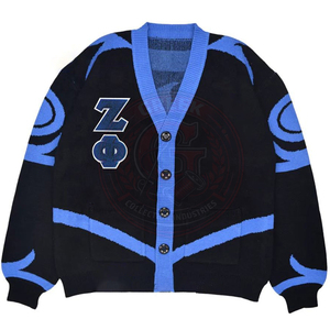 Cardigan en acrylique tricoté pour femme, noir et bleu, avec lettres, style universitaire, manches longues, boutons sur le devant, Sorority Zeta Phi B - Product Image 1