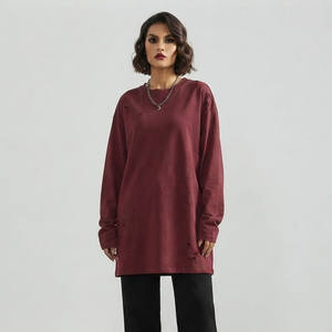 T-shirt à manches longues pour femme, style grunge vieilli, délavé à l'acide, coupe oversize, épaules tombantes, streetwear décontracté - Product Image 1