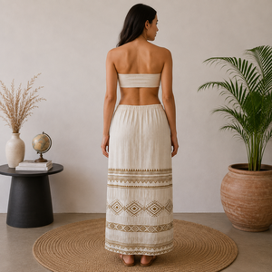 Womens Embroidered Maxi <b>Skirt</b> <b>Elastic</b> <b>Waist</b> Tribal Geometric Design Lightweight Breathable Boho Style | Casual Summer Vacation - Product Image 4