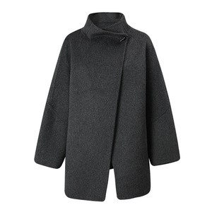 Abrigo de lana gris para mujer, cuello alto, largo, para invierno, elegante, cálido y liso. - Product Image 3