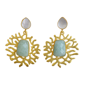 Pendientes colgantes de amazonita con nácar, joyería de moda, chapados en oro, hechos a mano. - Product Image 1