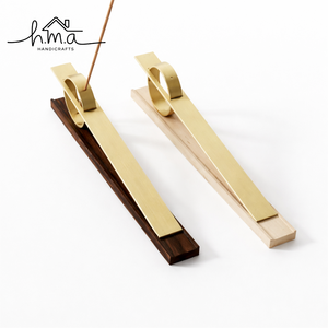 Modern Brass Incense Holder with Wooden Base Long <b>Stick</b> Burner Ash Catcher Minimal Decorative Home Fragrance Stand - Product Image 1