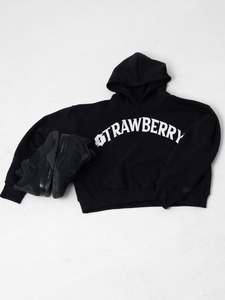 Custom Strawberry Hooded Oversized French Terry <b>Sweatshirt</b> Unisex Casual Winter Wear Black Letter Print Front Pocket Design - Product Image 2