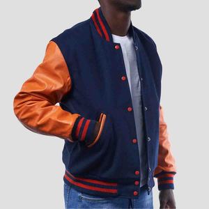 Veste universitaire personnalisée pour homme de qualité supérieure avec manches en cuir, veste bomber classique, fermeture à boutons, col et poignets côtelés - Product Image 2