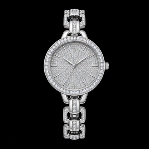Montre de luxe pour femme avec diamants, cadran rond 30 mm, mouvement à quartz analogique, boîtier en cristal saphir, style « Iced Out » argenté - Product Image 1